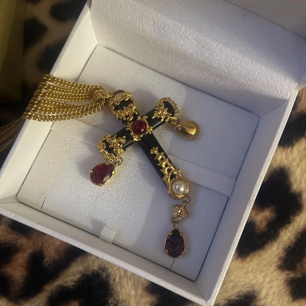 Versace Vintage Gold-Tone Black Cross Pendant Necklace with Red Gem Accents - Picture 1 of 3